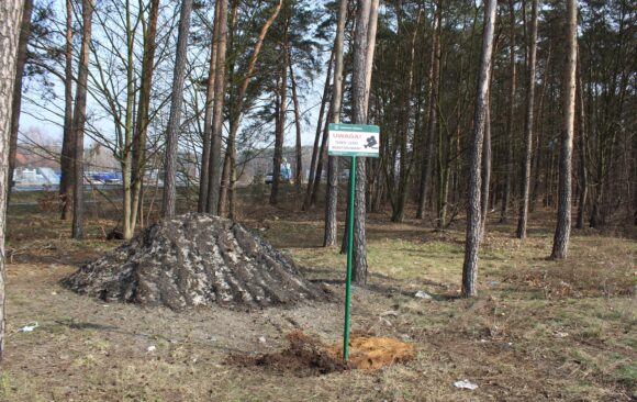 Montaż tablic z napisem „Uwaga Teren Leśny Monitorowany”